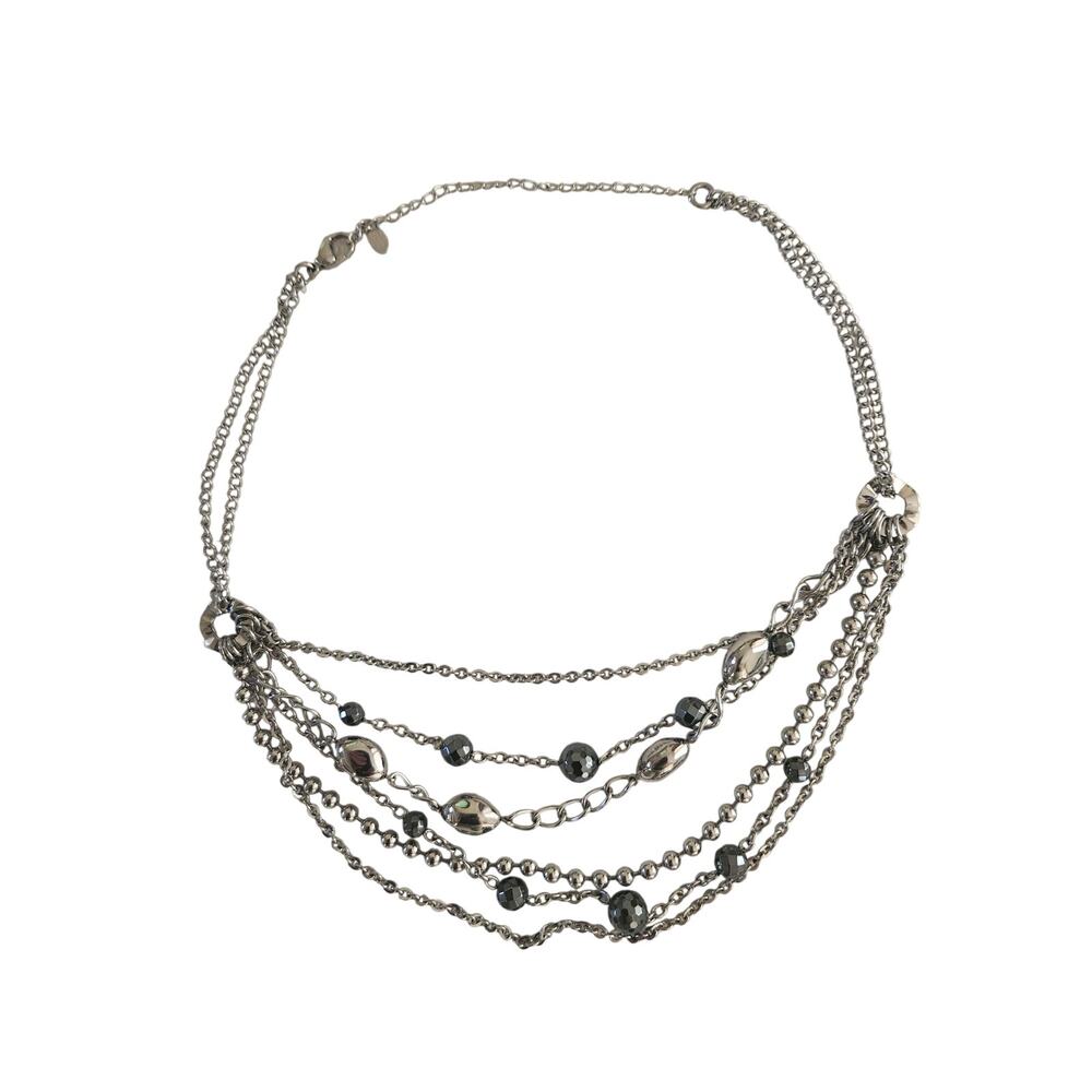 MILOR Stainless Steel Layered Necklace Silver Tone Black Beaded Multi Strand